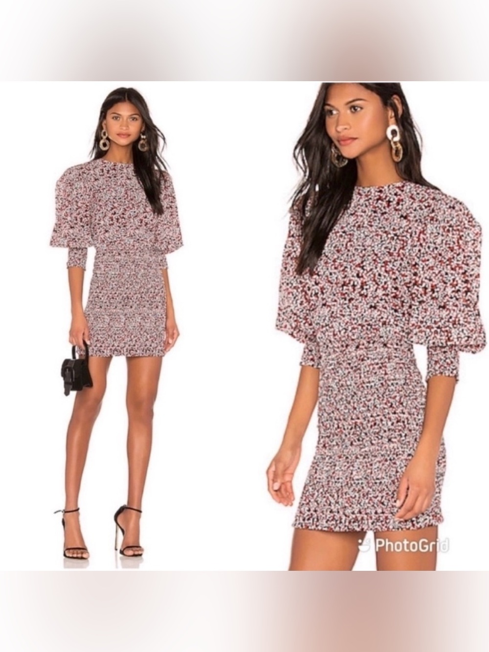 Rebecca Minkoff Floral Smocked Mini Dress Puff Sleeve Side Zip Black Red White